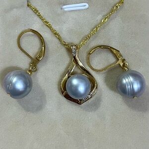 South Sea Genuine Cultured Grey Pearl Diamond Zircon Pendant Necklace Earrings